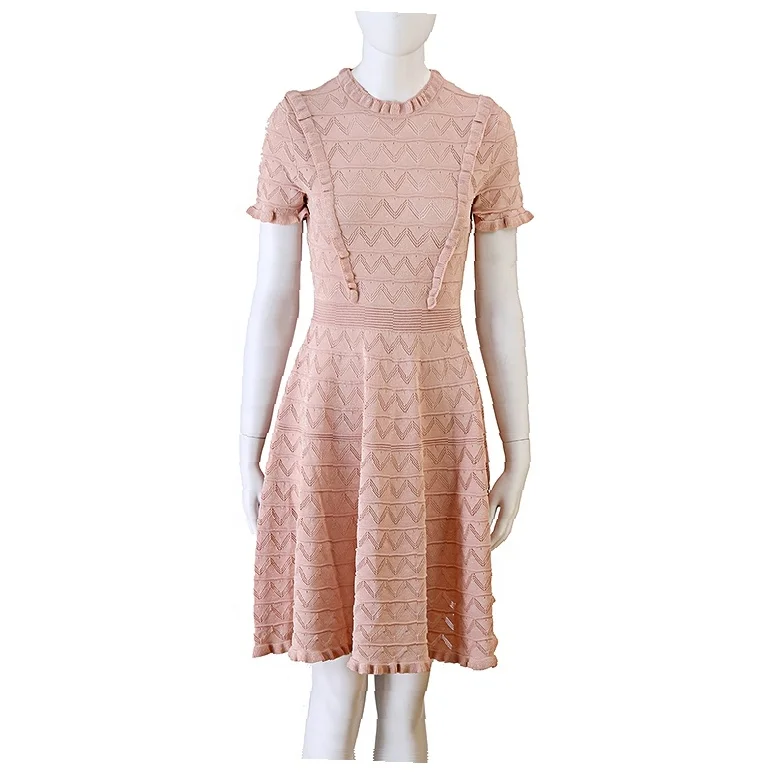 A-line Casual Dress Jacquard Round Neck Short Sleeve Factory Direct Wholesale Supply Spring and Summer Women Fashion Knitted