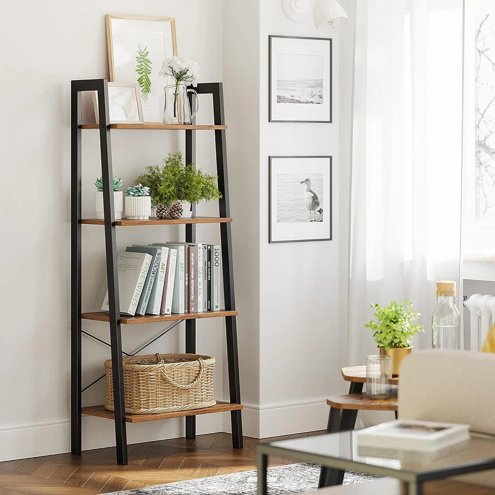 Wood Black 4-Tier Bookshelf Storage Rack Bookcase Ladder Shelf with Steel Frame