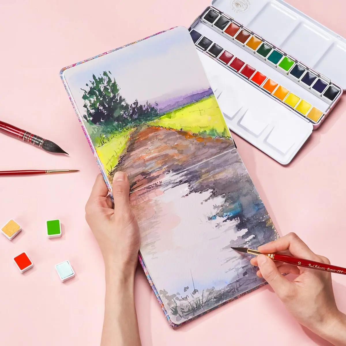 XinyiArt 100% Cotton 300gsm Acid-Free 24 Sheets Cold Press Square Watercolor Journal Paper Pad Sketchbook for Artists Adults