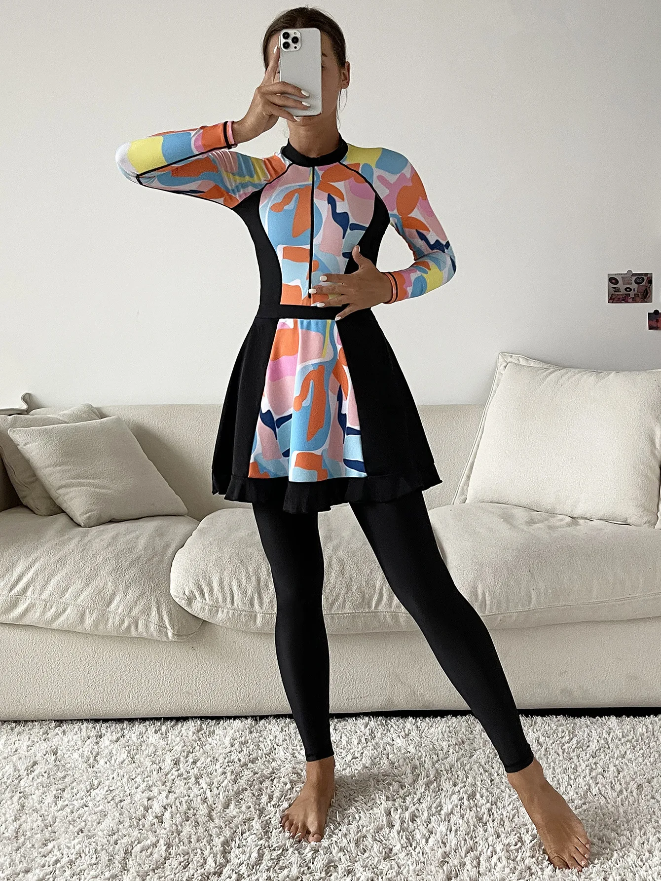 S-XL Drop Shipping One-piece Top Graphic Printing 3 Piece Sets Full Cover Long Sleeve Burkini Muslim Swimwear Women