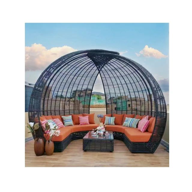 OEM Factory All Weather High Quality Outdoor Poolside Hotel Garden Sunshade Synthetic Rattan Wicker Tent Hand Weave Big Sofa Bed