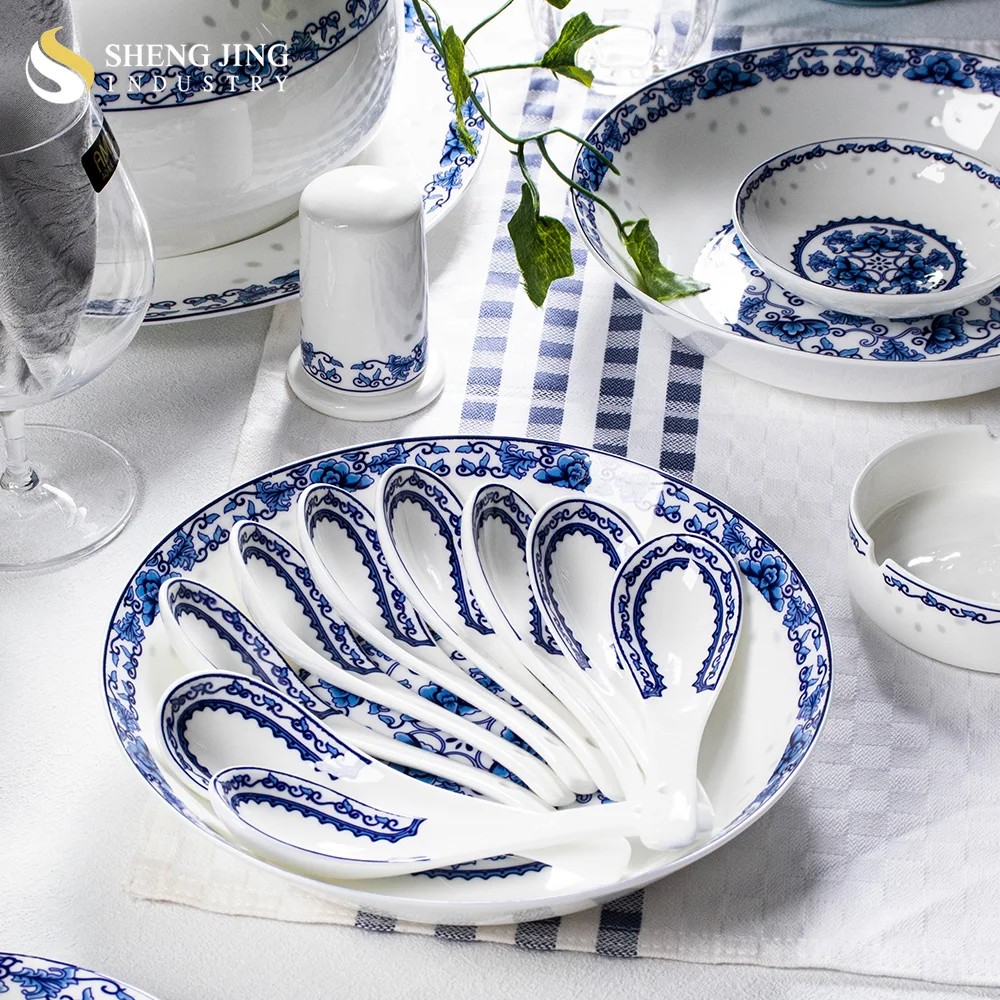 Jingdezhen Factory Bone China Blue and White Chinese Dinnerware Antique Flower Pattern Ceramic Tableware Set