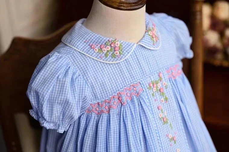 Organic Cotton Embroidery 2-12 Children Clothing Short Sleeve Skirt Plaid Pattern Princess Summer Kids Flower Girl Dresses
