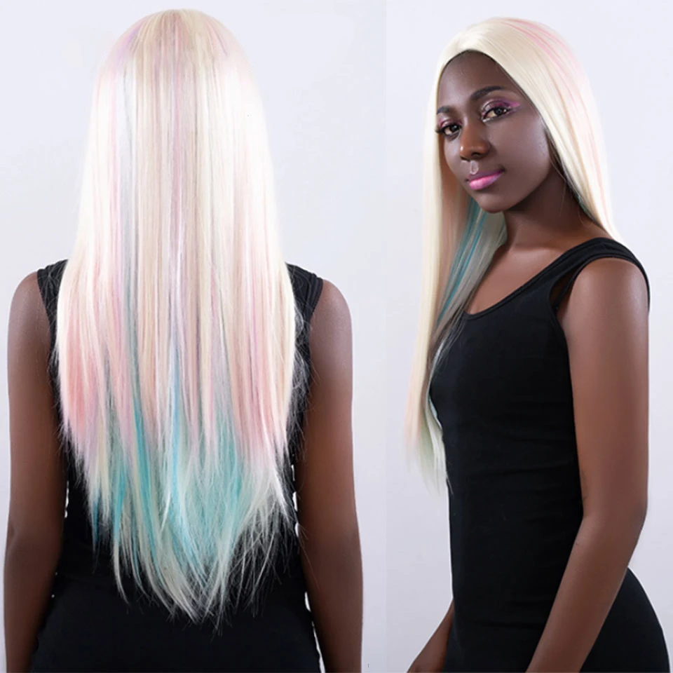Дешевые синтетические кружевные передние парики, волосы радужной расцветки для вечеринки, термостойкие синтетические волосы с кружевным передним париком, косплей