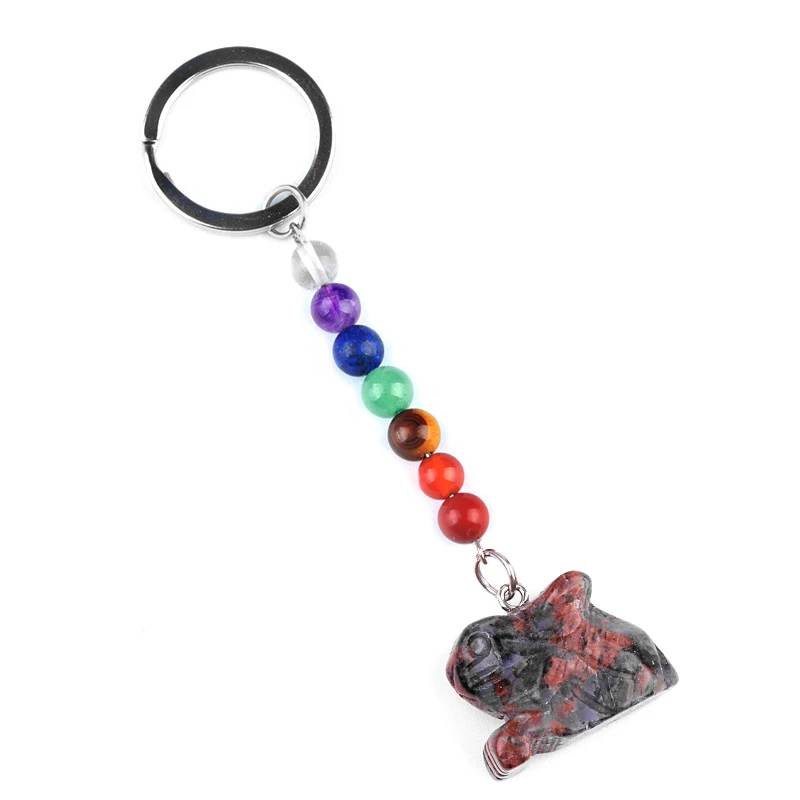 Hot Selling Sesame Stone Crystal Stone Rabbit Pendant Keychain Colored Round Bead Crystal Keychain  Accessories