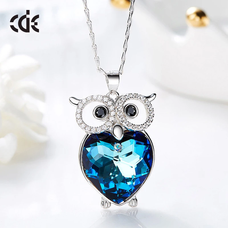 CDE Fine Jewelry 925 Sterling Silver Owl Austria Crystal Pendant Necklace