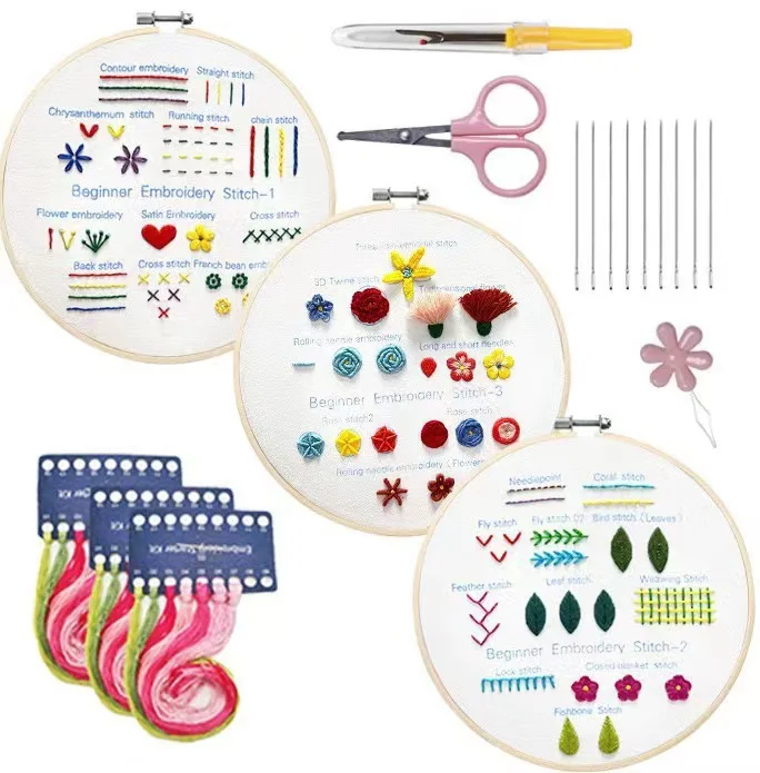 3pcs Embroidery Round Cross Stitch Kit Sewing Craft Kit DIY Embroidery Set for Beginners