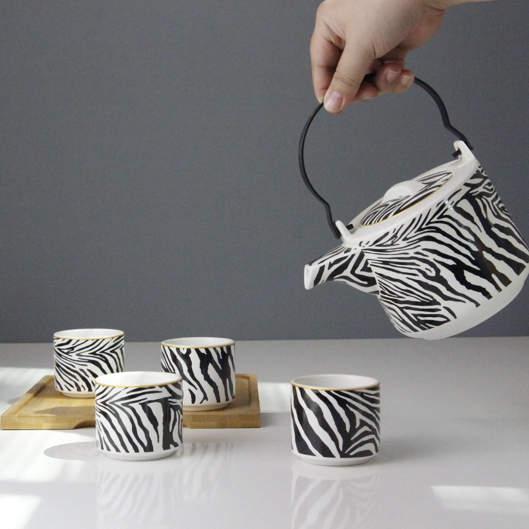 Ceramic tea set Tea pot with 4 tea cups Zebra decal pattern Bamboo wooden tray custom for daily use gift shop market