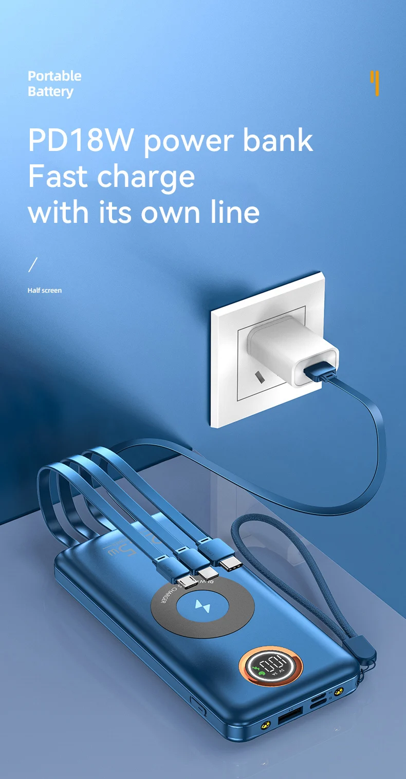 Multifunction 7-in-1 Power Bank 20000mAh External Battery Wireless Charge 18W 20W 22.5W PD Fast Charging Power Bank