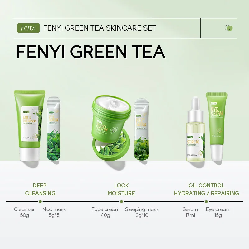 Wholesale Facial Cleanser Eye Cream Moisturizer Serum Anti Acne Face Beauty Small Vegan Green Tea Balance Skin Care Set Korea