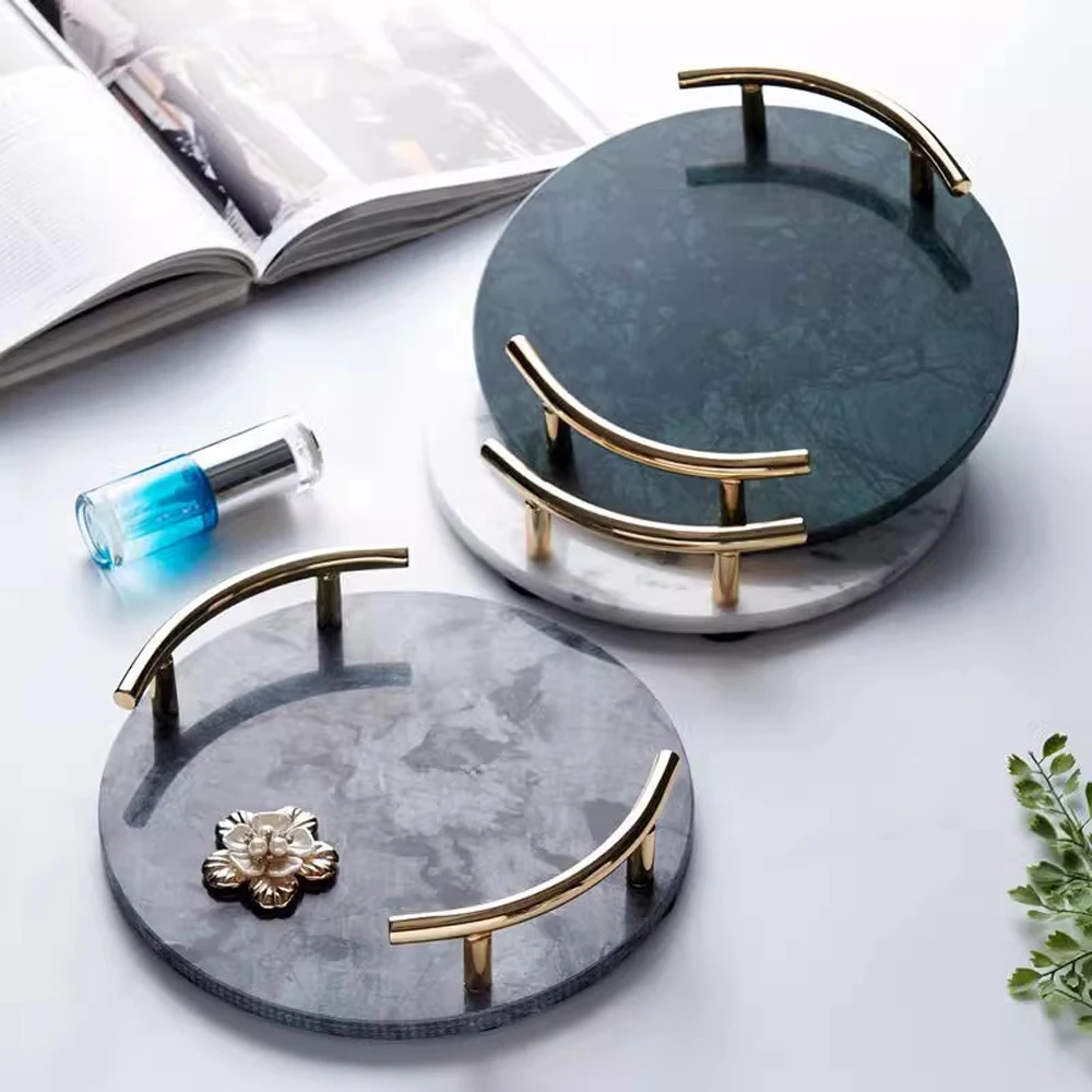 custom wholesale indoor decorative natural rectangle round white green grey marble serving trays with handles