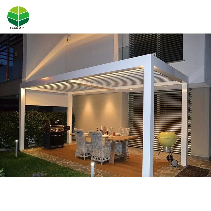 Electric Garden Covers Adjustable Grey Pergola Luxury Louvre Gazebo Pergola Aluminium Outdoor With Led Strip Lights