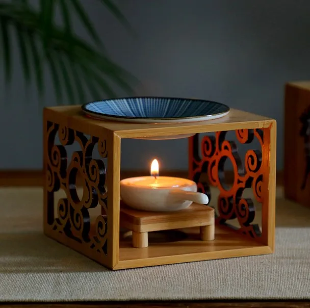 Tealight Candle Wax Fragrance Aromatherapy Wood Incense Burner,Ceramic Bamboo Candle Wax Warmer Holder