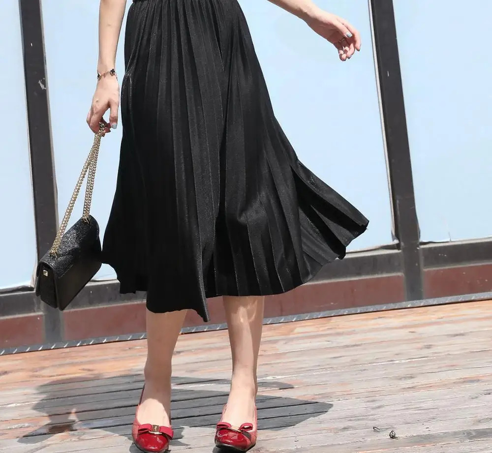 
autumn elastic waist long skirt pattern poly high waisted bandage A line knee length pleated skirt women 