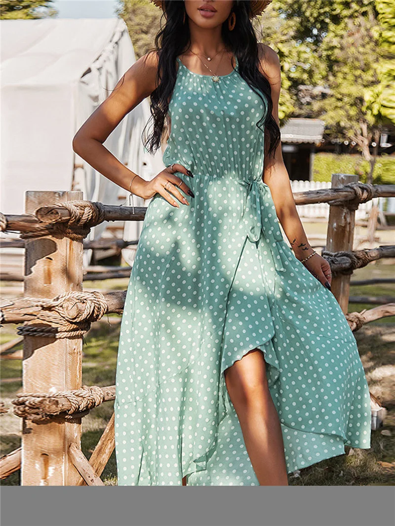 2021 Latest Halter Neck Summer Beach Dresses Wholesale Polka Dot Rayon Dress Maxi Casual Dress Women Clothing 21-0253-1