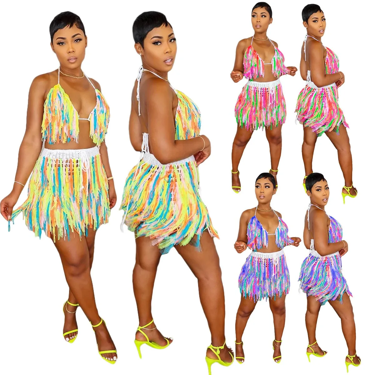 ZHEZHE Crochet Knitted Tassel Set Women 2 Piece Set Beachwear Lace-up Backless Crop Top and Mini Skirt Sets