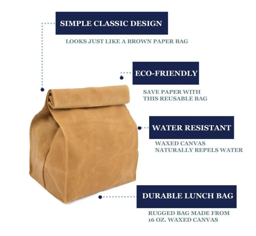 Hot sell waterproof 16OZ Waxed Canvas Reusable Lunch Bag