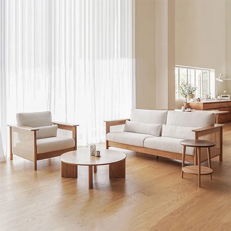 Japanese Wabi-Sabi Retro Leisure Simple Small Family Rattan Sofa Solid Wood Frame Fabric Couch Living Room Sofas