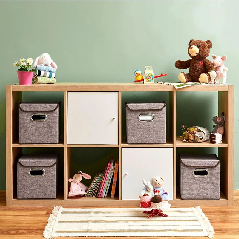 Set of 4 13 inch Linen Fabric Foldable Container with Lid Collapsible Organizer Boxes Cubes storage bin office desk organizer