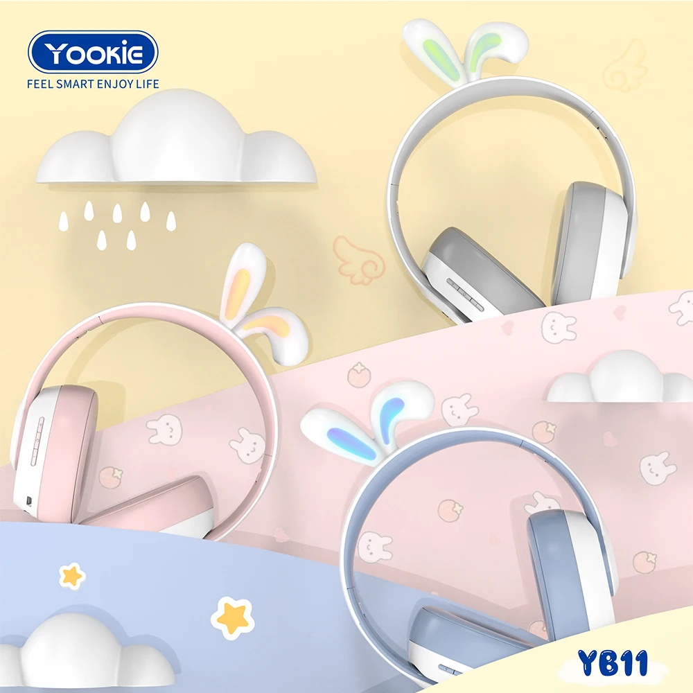 YB11 Led Colour Changing Kids Headset Macaron Over Head Children Headphone Rabbit Ear Shaped Bt Wireless Headphone