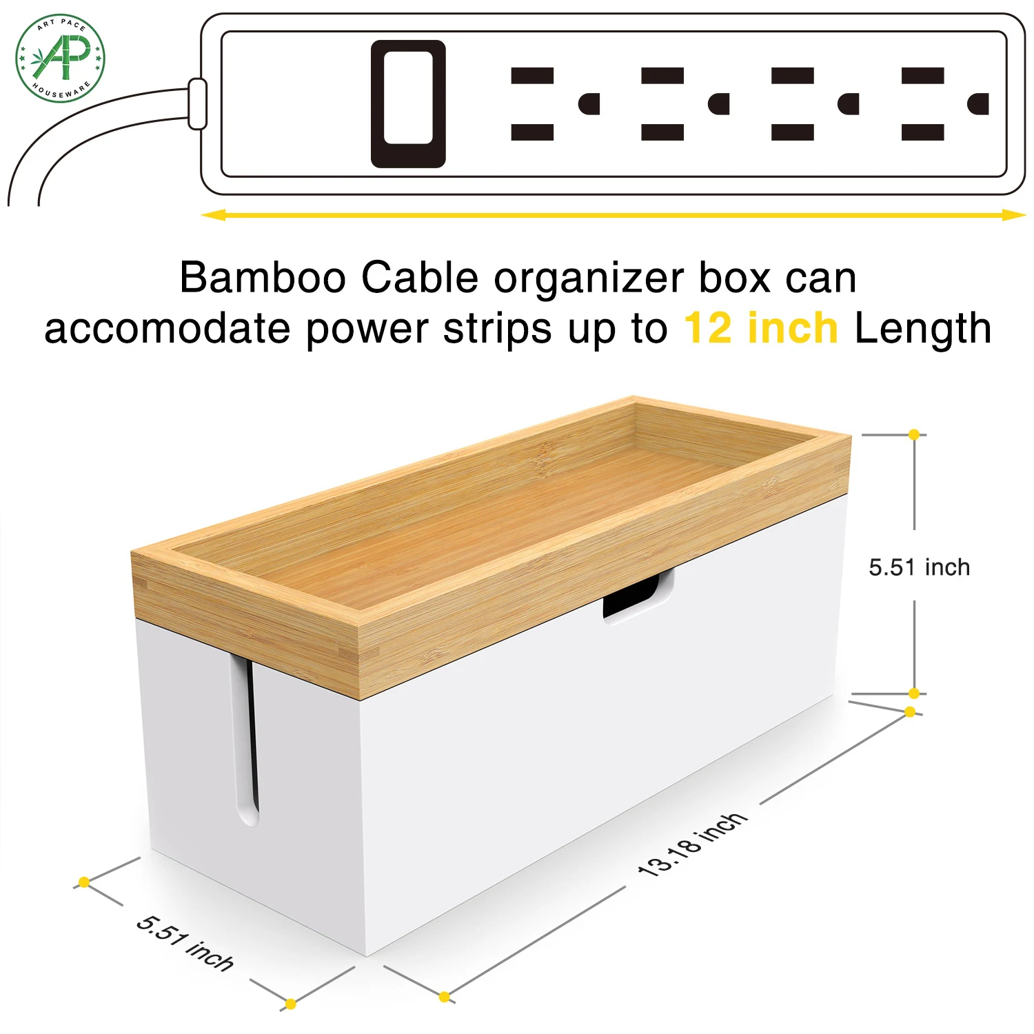 Factory Supply Large Natural Bamboo White Cable Organizer Storage Management Box to Store Chargers Power Strips Cables