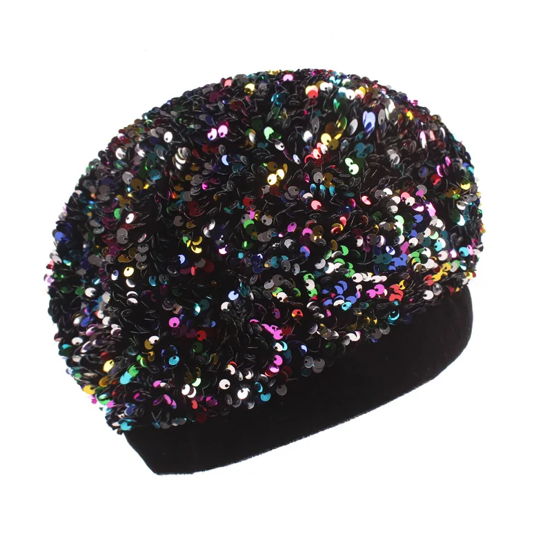 Club Party Night Wear Bling Bling Knitted Hat Female Winter Beret Sequin Hat  for Lady