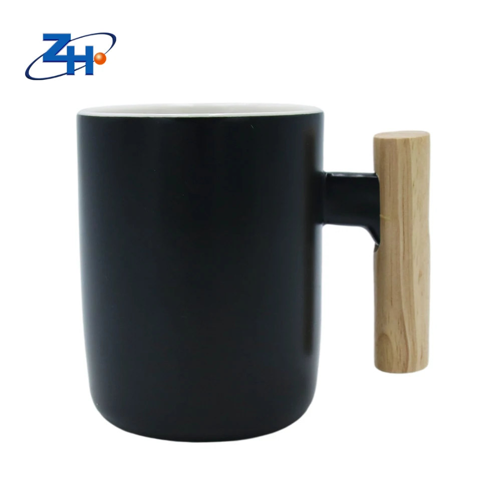 Pure black ceramic tea cup custom lowest price decaled black ceramic coffee mug with wooden handle
