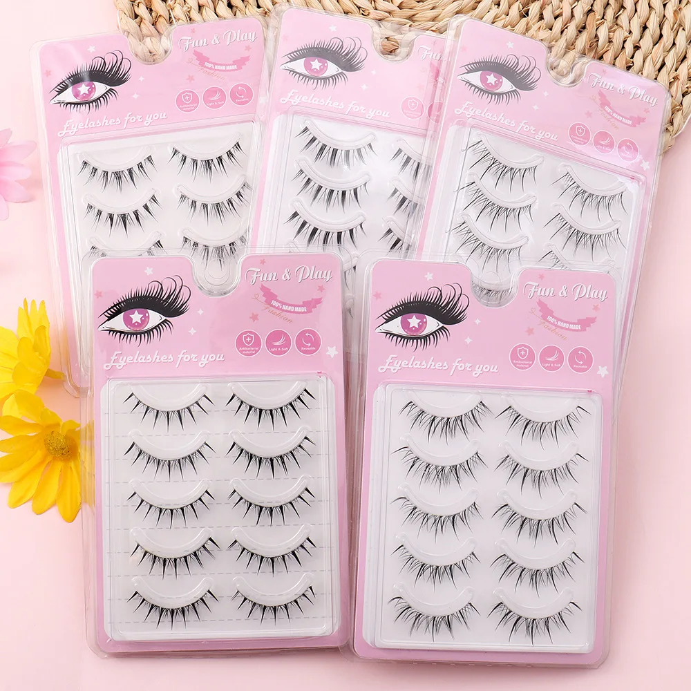 New Style 5 pairs of natural false eyelashes transparent stem long anime lashes full strip eyelashes