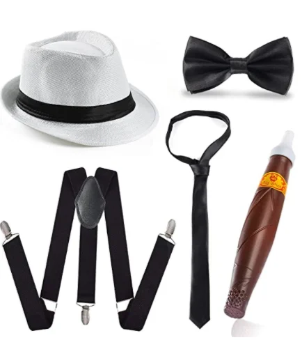 Набор мужских аксессуаров шапка Манхэттен, Y-черные подтяжки, галстук гангстер, игрушка фальшивая сигара