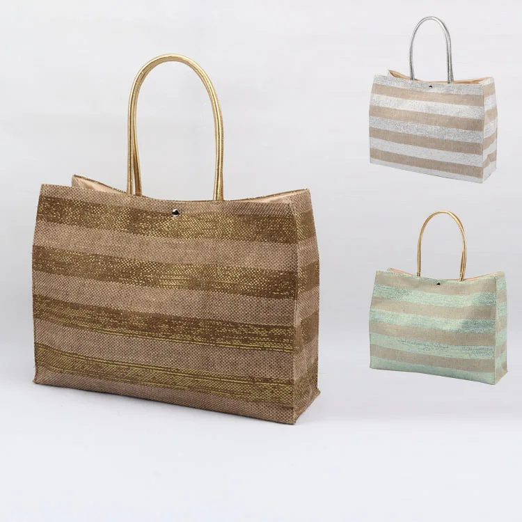 Hot Selling Straw Beach Bags Shining Gold Stripe jute Tote Bags Wholesale Natural Paper Straw Bag With Gold PU Handles For Women
