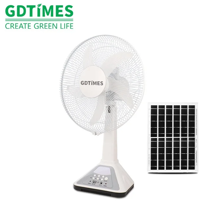 GDTIMES Hot selling Solar charging table rechargeable fan 14 inch Solar fan with  USB Charger solar panel and bulbs