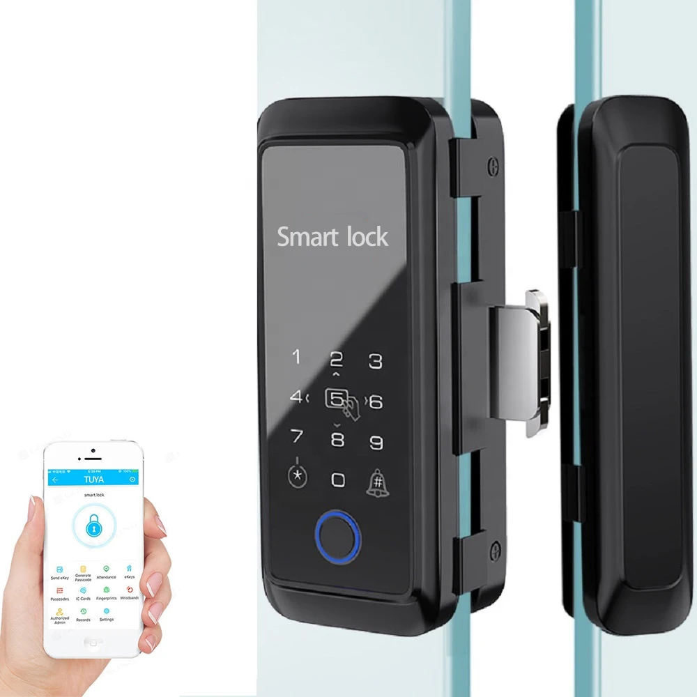 Goking tuya app bluetooth finger print office lock access control office frameless black swing glass door lock with key