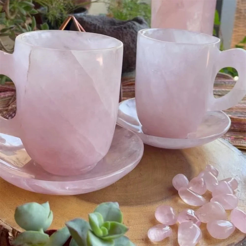 2021 Wholesale high quality natural big pink crystal rose quartz tea cup healing Reiki Polished water cup tea set for sale