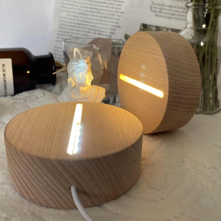OEM Custom Factory Wholesale Wood Led Base 3D Led Color rectangle Wood Base on-off Switch 10CM diameter Wood Base