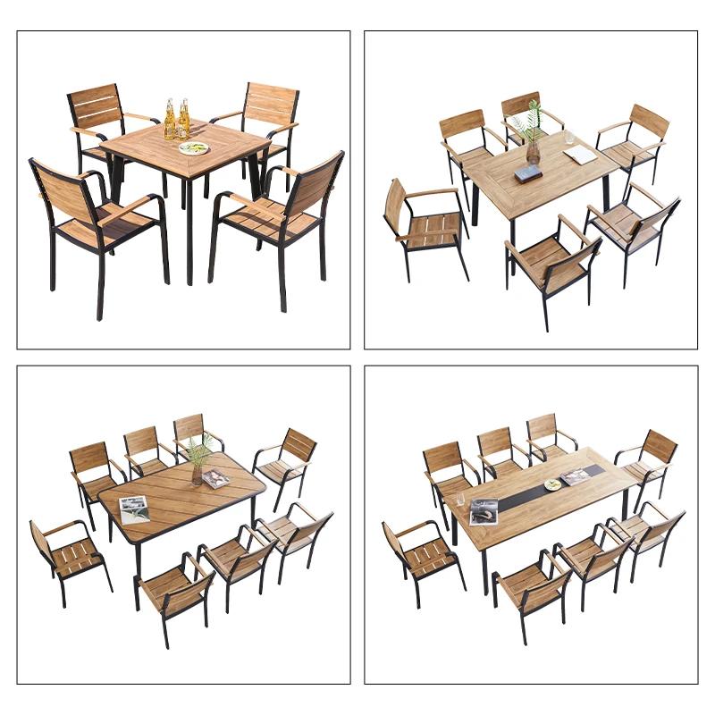 Fashionable teak wood colors outdoor furniture dining 9 pcs Plastic wood stacked tables and chairs garden sets