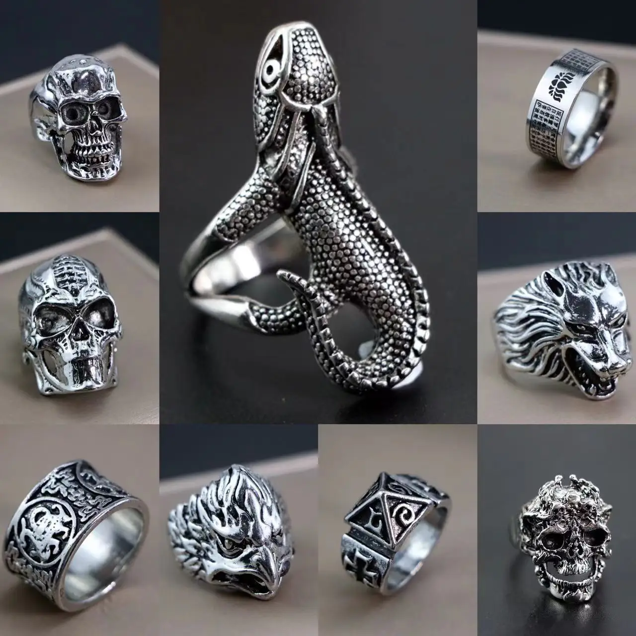 New Arrival Fashion Hip-Hop Christ Praye Chunky Various Shape Ring Skull Dragon Retro Punk Style Rings For Men