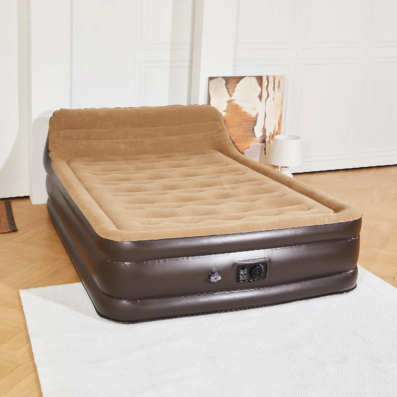 Wave-Beam Double Raised Queen Air Bed Thick PVC Soft Flocked Modern Foldable Inflatable Mattress with Comfortable Backrest