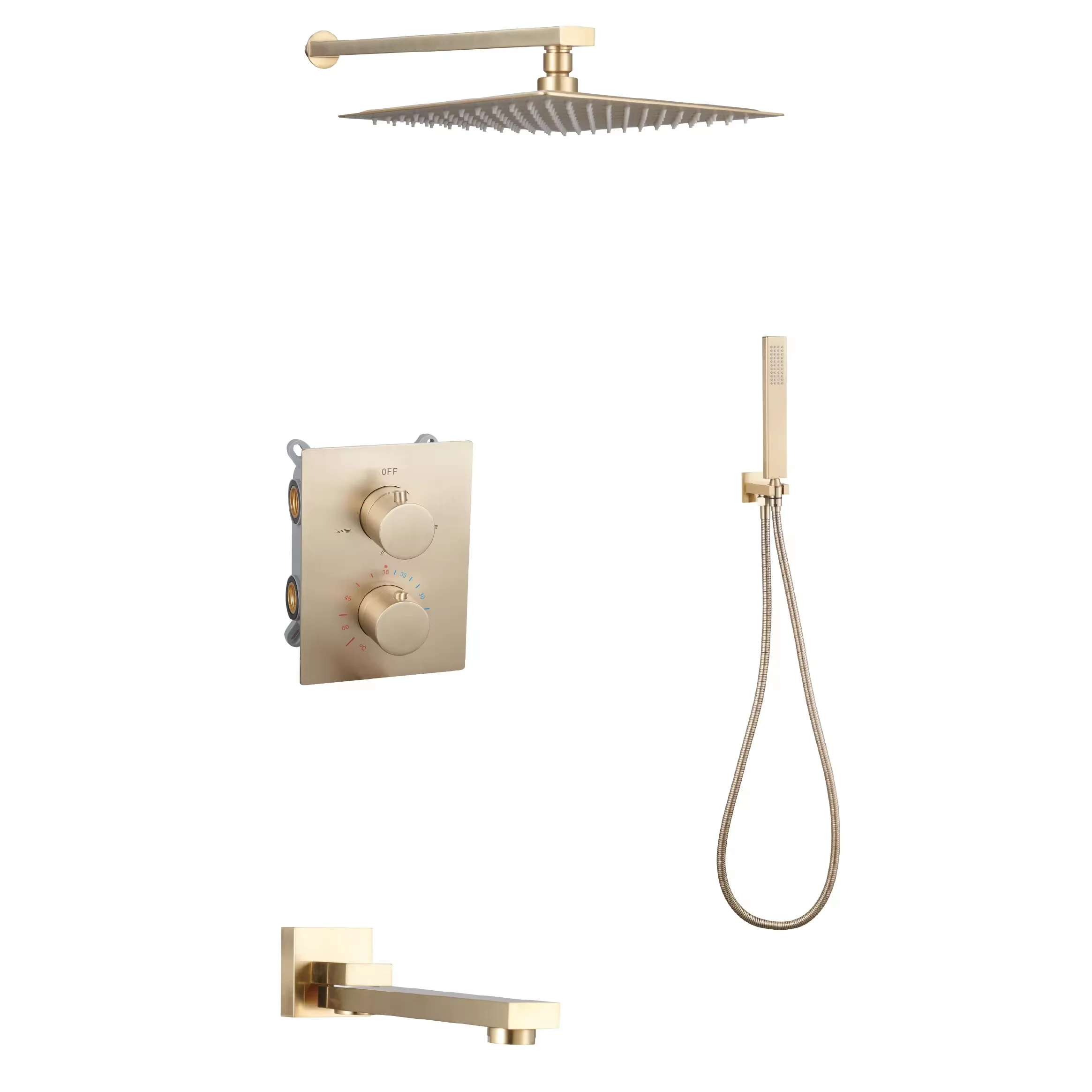 Thermostatic Concealed Built-in 3-way Rainfall Shower Set Mixer Faucet with Square Stainless Steel Shower Head and Hand Shower