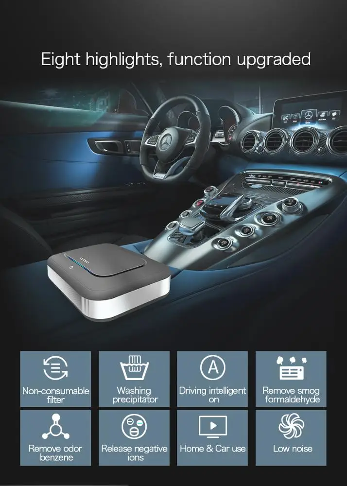 Ionizer 7 Stage ESP Filter UV LEDs PCO Car Air purifier Portable Air Freshener Remove Bad Odors