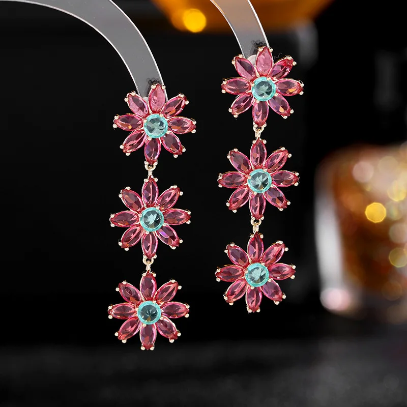 Wholesale Women Elegant Light Luxury Diamond Zircon Rose Red Flower Long Drop Earrings