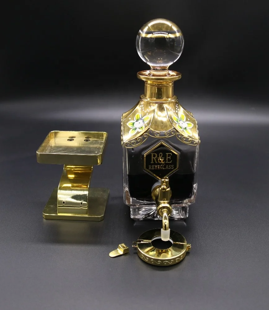 450ml dubai oudh oil perfume decanter golden hand painting glass display with tap