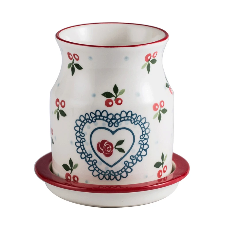 Red Cherry Printed Ceramic Chopsticks Cutlery Holder with Drainage Tray