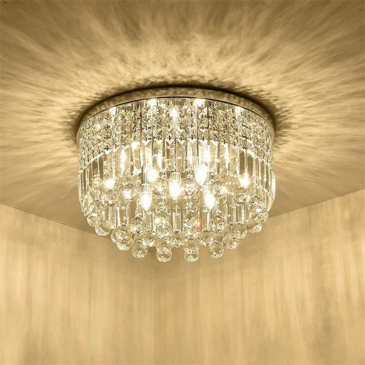 Simple Lobby Living Room Chandelier Rain Drop Round K9 Crystal Ceiling Light Chrome