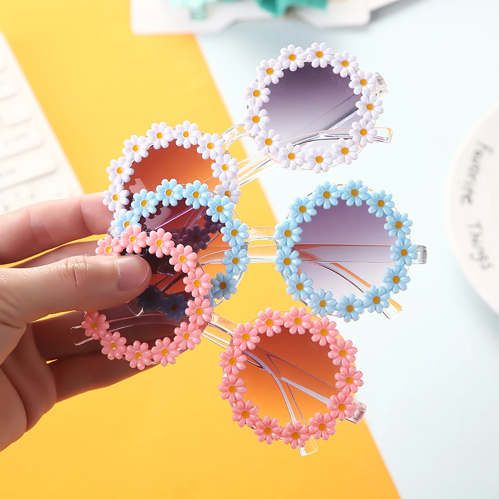MU 2Pcs/Set Daisy Flower Sunglasses With Elastic Nylon Baby Headband Bohemia Beach Seaside Sun Glasses Kids Puff Bow Headwear