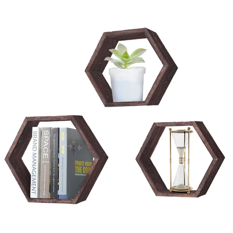 Set of 3 honeycomb country rustic style brown wall mounted hexagonal floating shelves