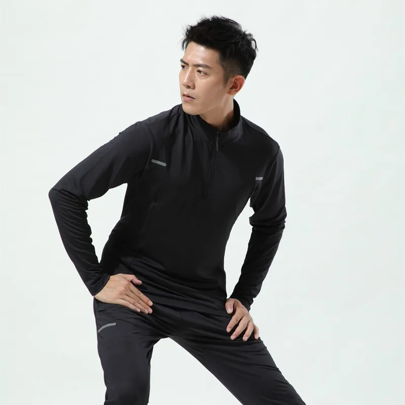 Fashion MEN Gym sport sets comfortable Jogger Pants 1/4 zipper reflective stripe tops sportswear long tracksuit