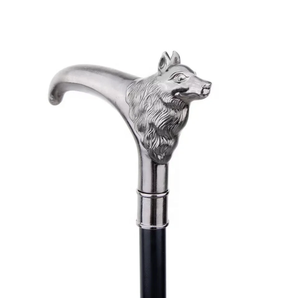 Silver wolf T handle Halloween Crosier cane self defense stick walking cane with Iron sheet inside
