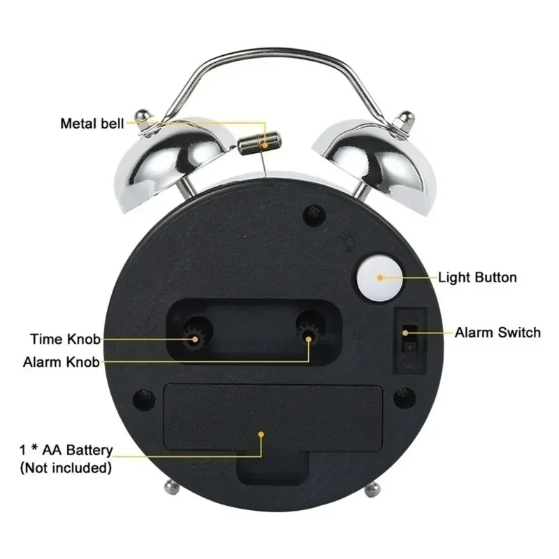 Silent Double Bell Desktop Bedside Alarm Clock 3-inch Double Bell Alarm Clock for Bedroom Desk Decorating Digital Table Home