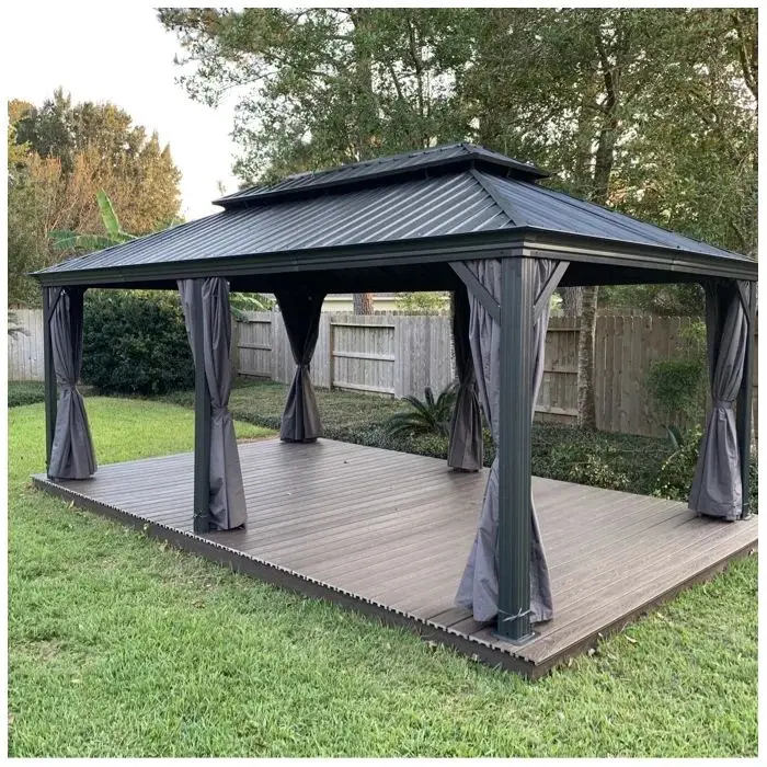 Outdoor Aluminum Gazebo Double Roof Permanent Patio Gazebo Canopy with Netting and Curtains for Garden Patio Lawns Parties