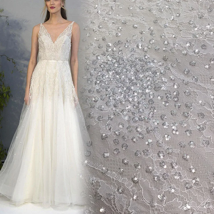 MX525 New arrival Elegant silver bridal tulle white Sequin embroidery lace fabric for wedding dress
